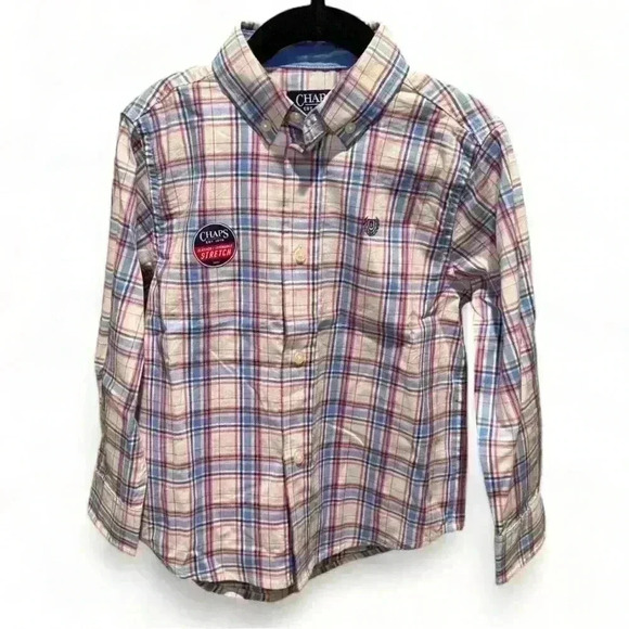🌟5/$20🌟NWT - Chaps - White/Blue/Pink Button Down Dress Shirt- Boys Small 🛻 - Picture 1 of 3